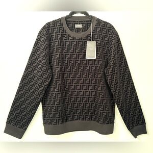 NWT! Fendi Sweatshirt Black Wool Pullover FF Logo Pattern Size Large Authentic!